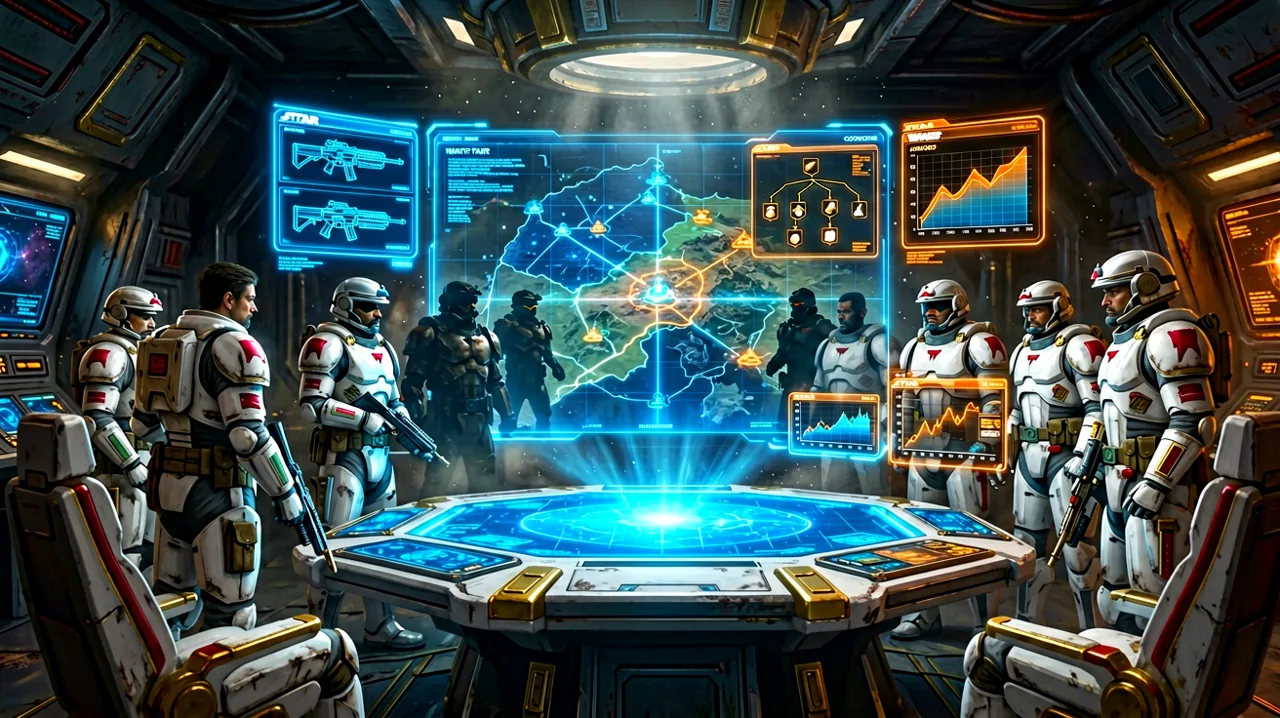 A tactical command interface displaying mercenary squad configurations, performance analytics, and branching operative abilities.