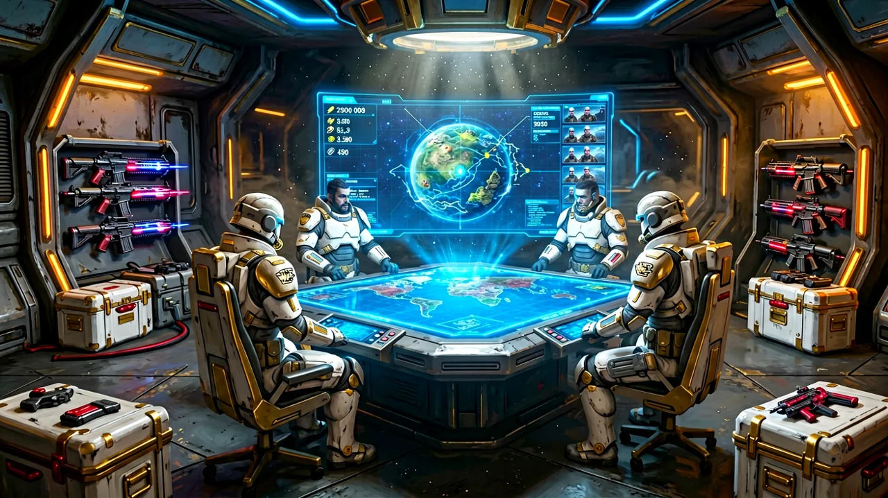 A holographic tactical display table inside a mercenary base showing planetary zones and resource data.