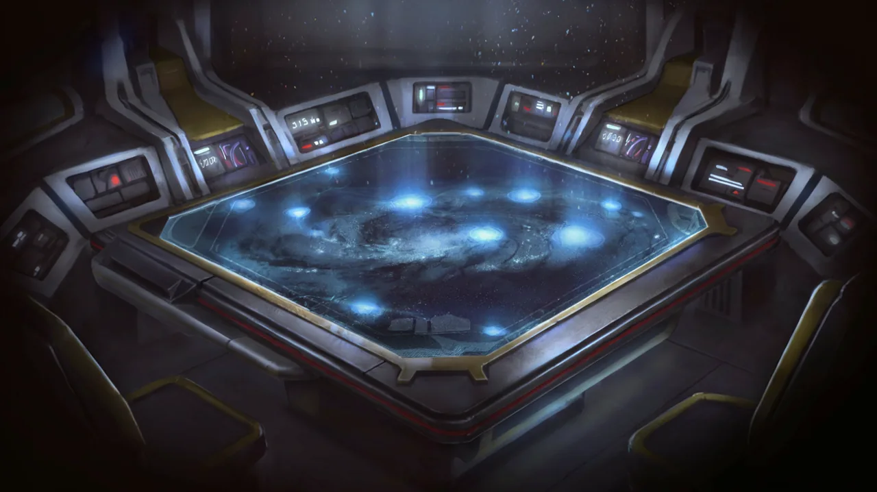 A glowing holographic tactical dashboard projecting a galaxy map with nodes representing different clone wars planets.