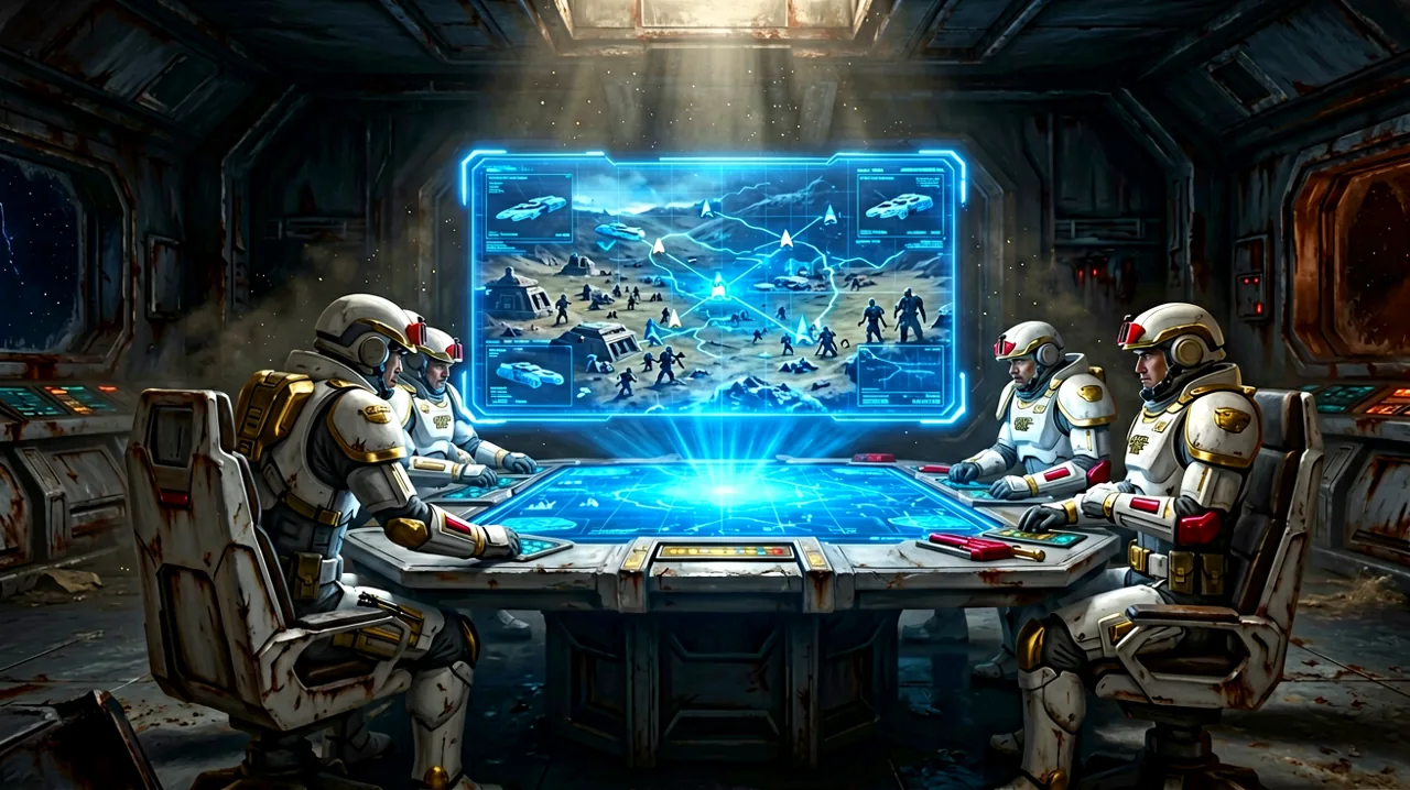 A holographic tactical display showing Clone Wars era troop movements fading into a dark, empty command room.