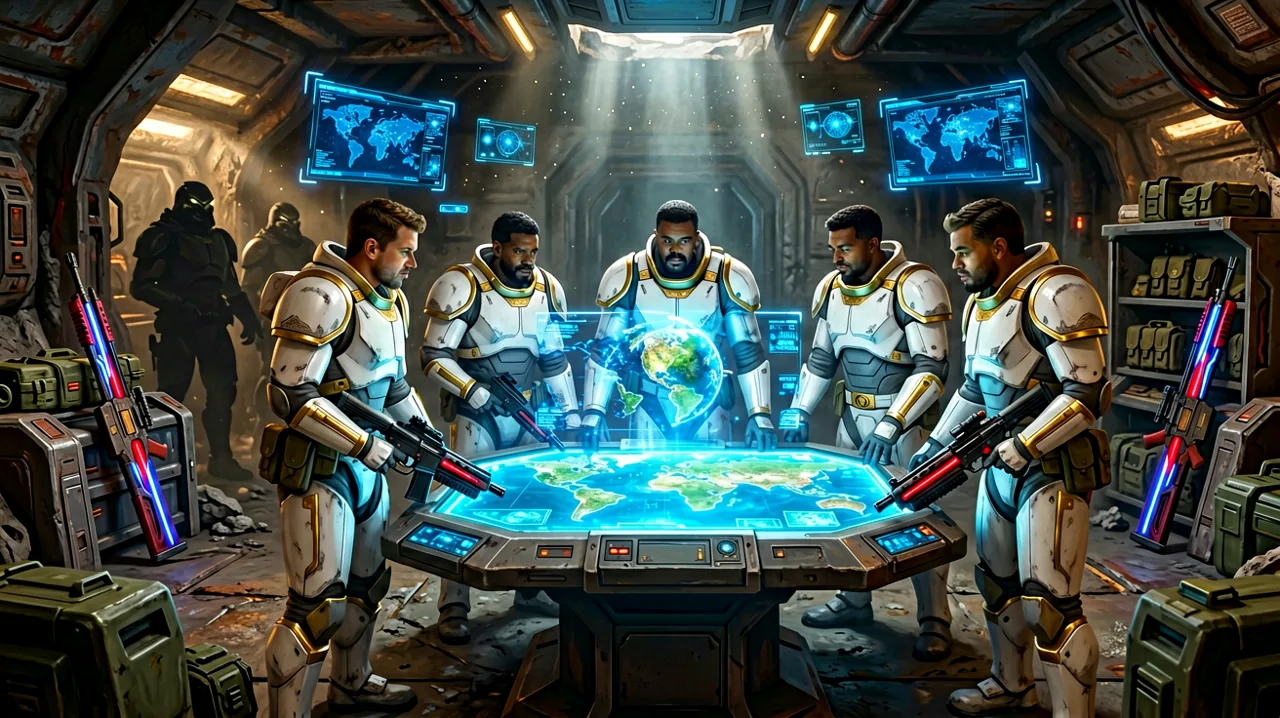 A tactical squad of diverse alien mercenaries overlooking a holographic map of The Den alongside scattered upgrade components.