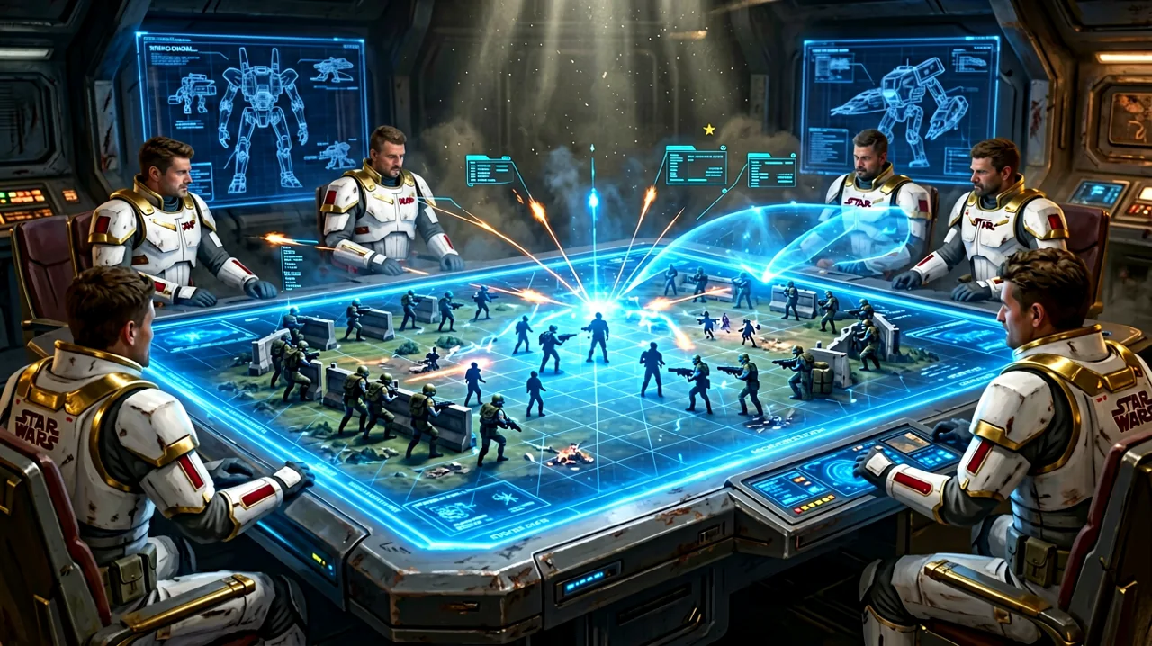 A holographic tactical battlefield map showing diverse sci-fi operatives taking cover on a command table.