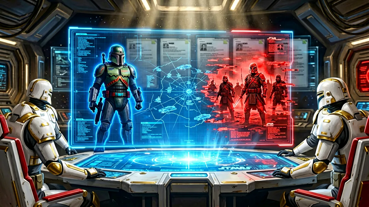A holographic tactical map showing a heavily armored Mandalorian silhouette clashing with glitching enemy data.