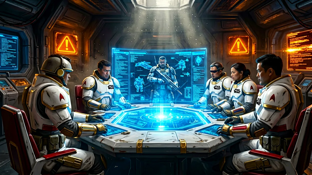 A holographic tactical dashboard displaying glowing operator dossiers alongside amber technical warning signs in a sci-fi military command center.