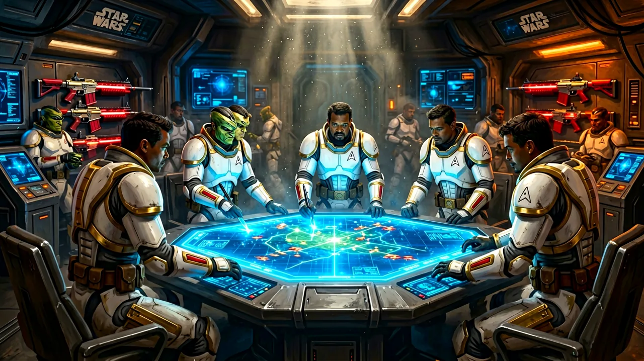 An atmospheric interior view of a bustling mercenary base with diverse alien operatives gathered around a glowing holographic tactical map.
