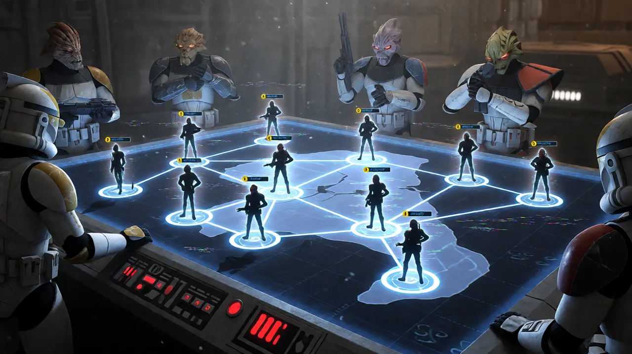 A holographic tactical map in the Den displaying squad connection lines, overlaid with subtle UI glitch effects to represent the Bond system and game instability.