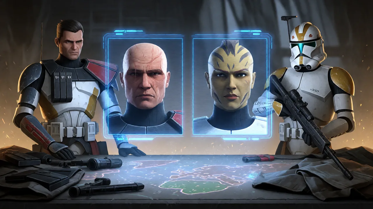 A holographic dossier displaying tactical profiles of a heavily scarred clone trooper and an Umbaran sniper side-by-side inside a mercenary base.