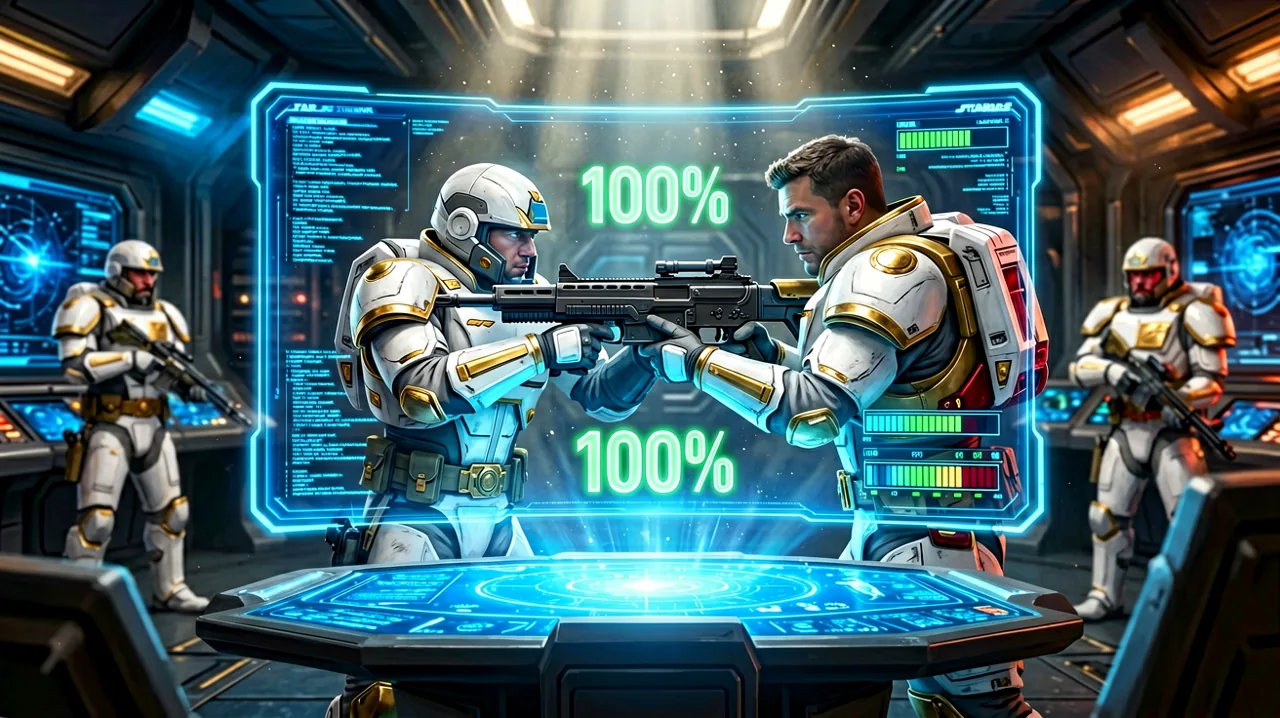 A holographic tactical display showing an armor-clad operative aiming from cover with a 100% hit probability overlay.