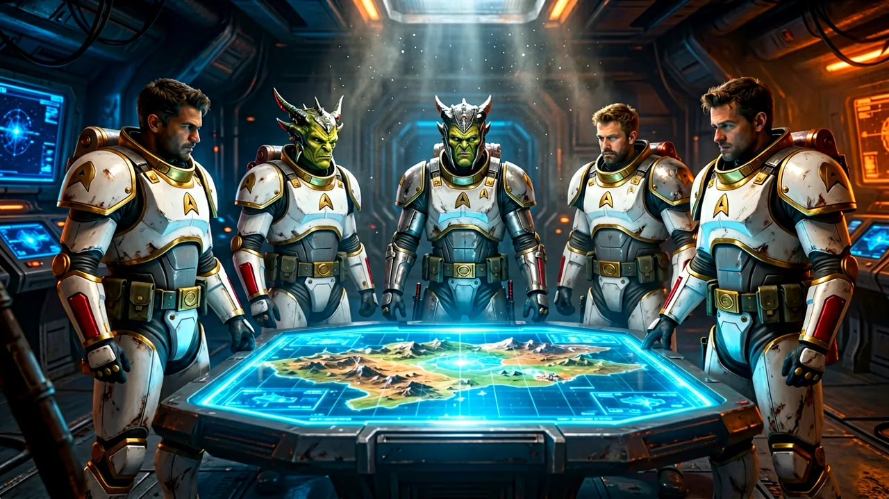 A diverse squad of custom tactical operatives gathered around a glowing holographic map table inside a dimly lit sci-fi command center.