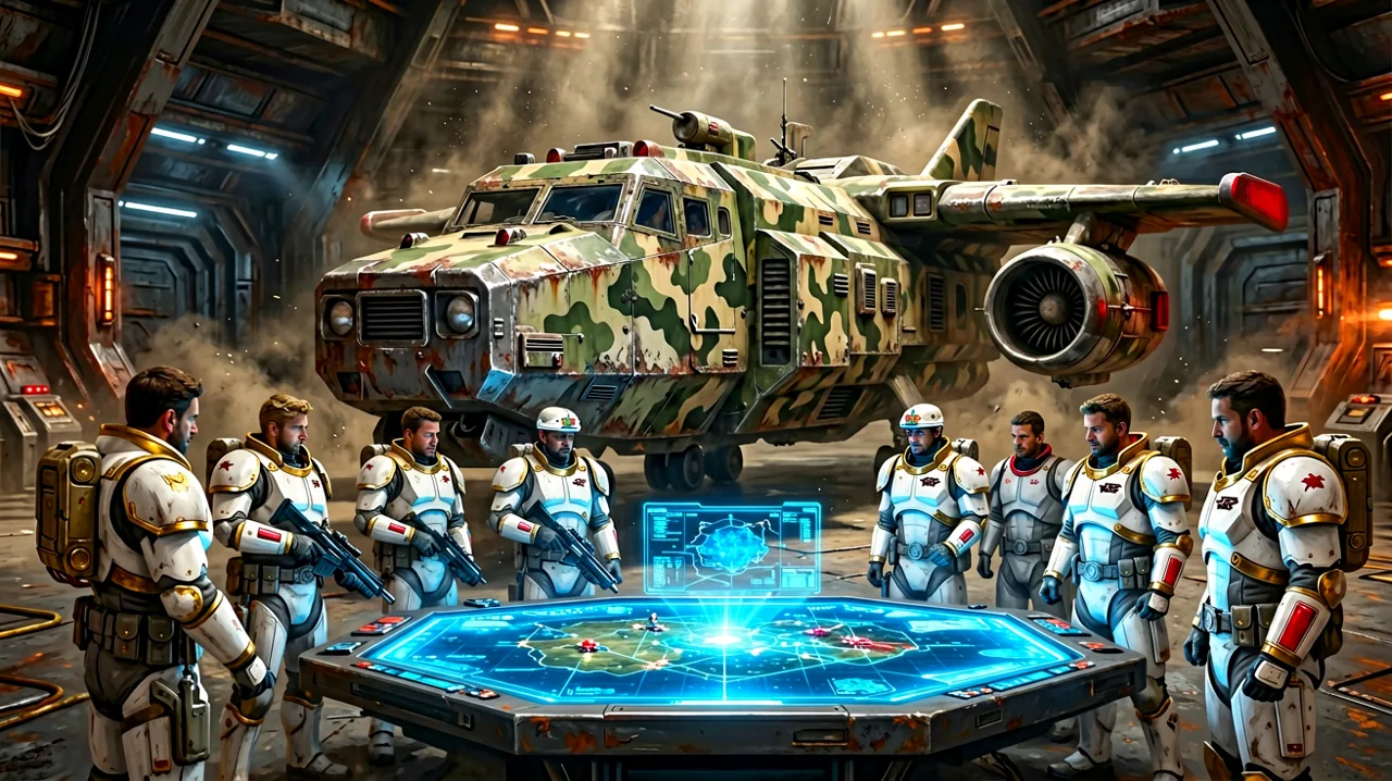 A rugged, covert dropship parked inside a dimly lit underground hangar, surrounded by tactical operators preparing for deployment.