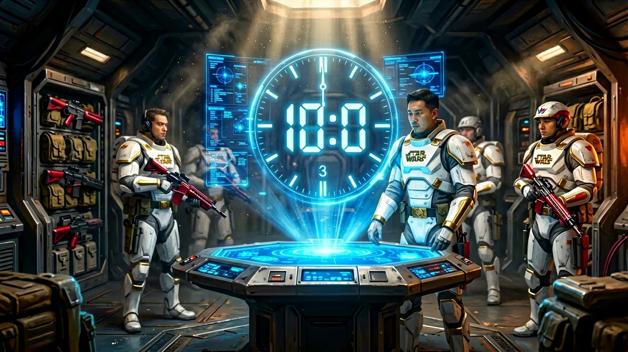 A holographic projection of a ticking countdown clock overlaying faded tactical armor and weapons in the dimly lit Den base.