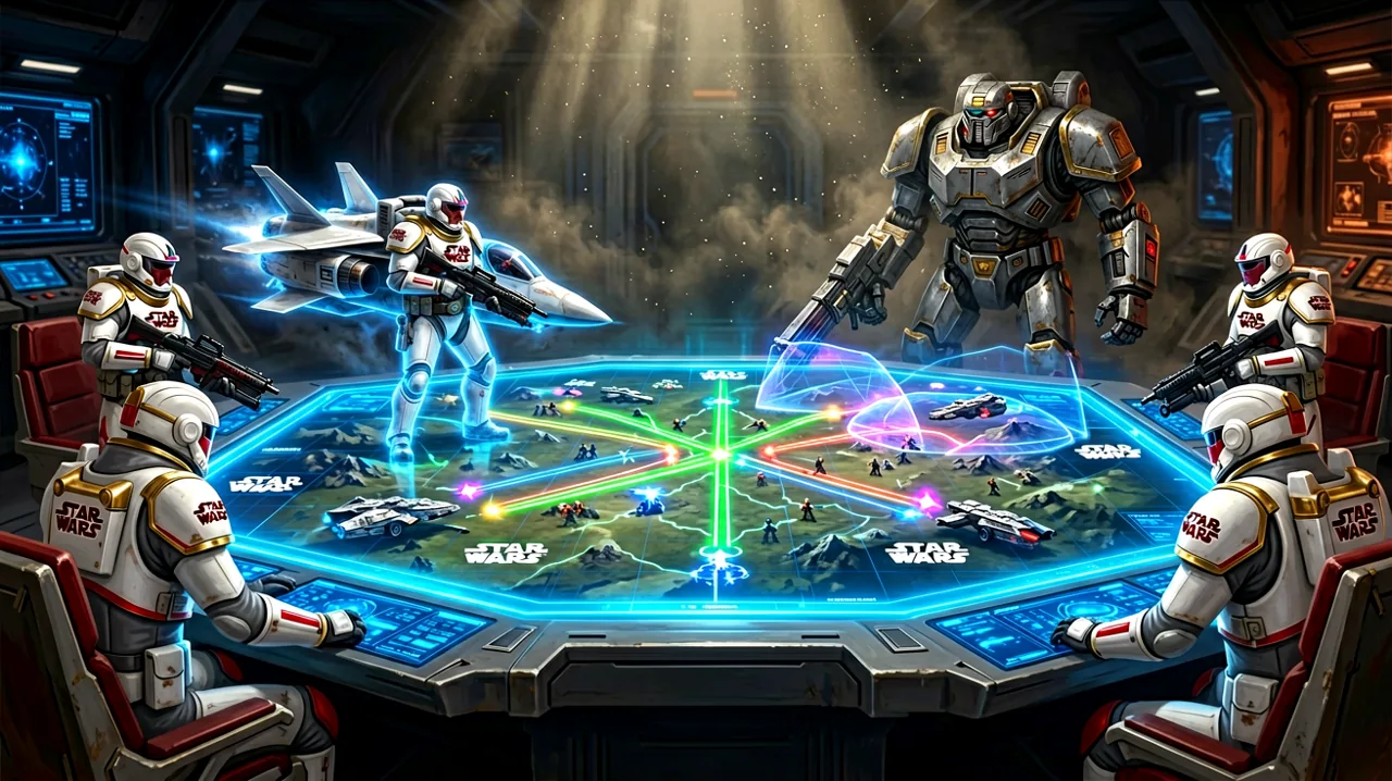 Holographic tactical map displaying a heavily armored scout unit flanking an enemy boss, with glowing movement paths and overwatch zones.