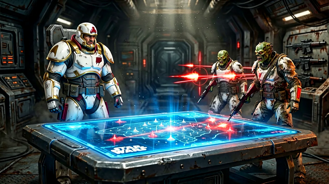 A holographic tactical map in a sci-fi underworld base showing armored veterans standing back while unarmored recruits are pushed into enemy firing lines.