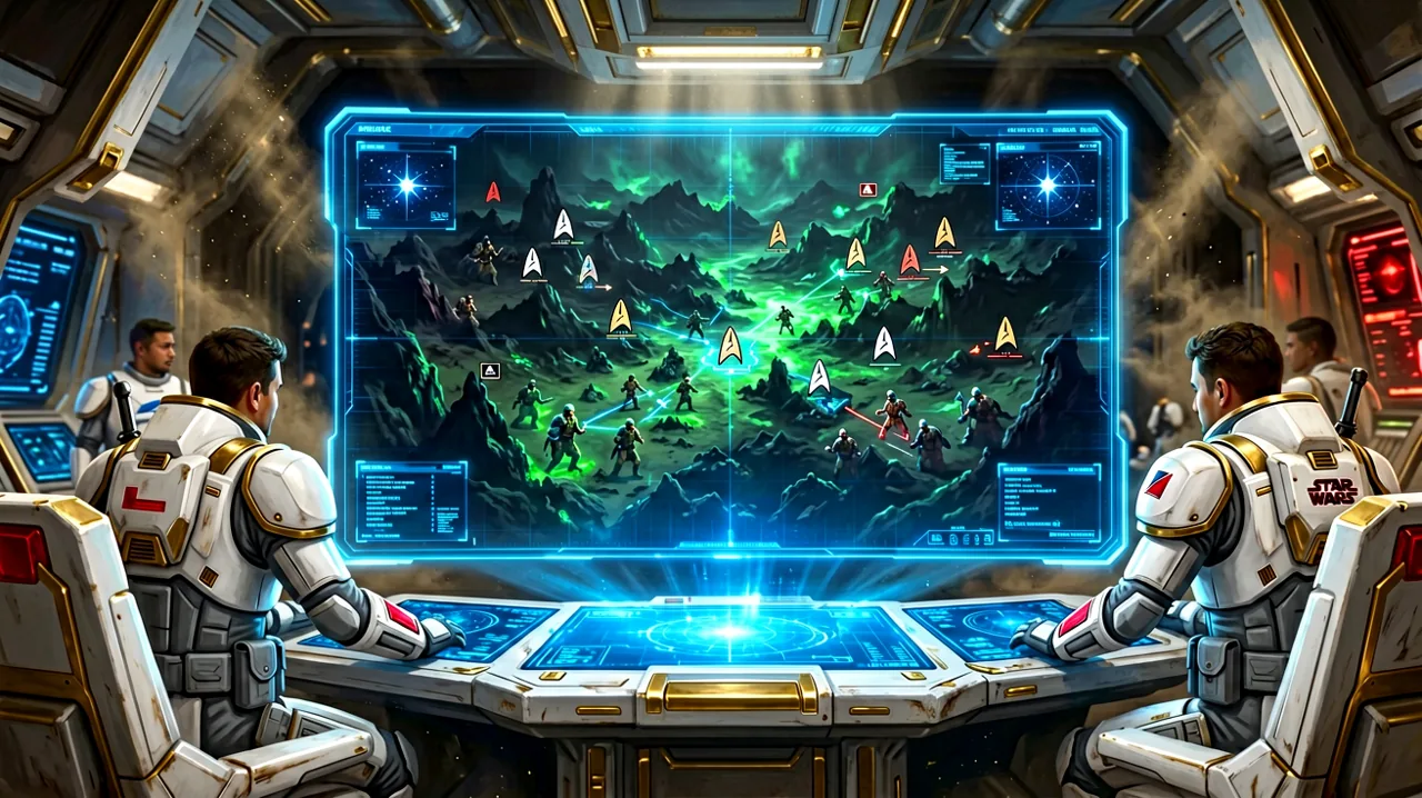 A shadowy, bioluminescent battlefield tactical map with holographic squad markers