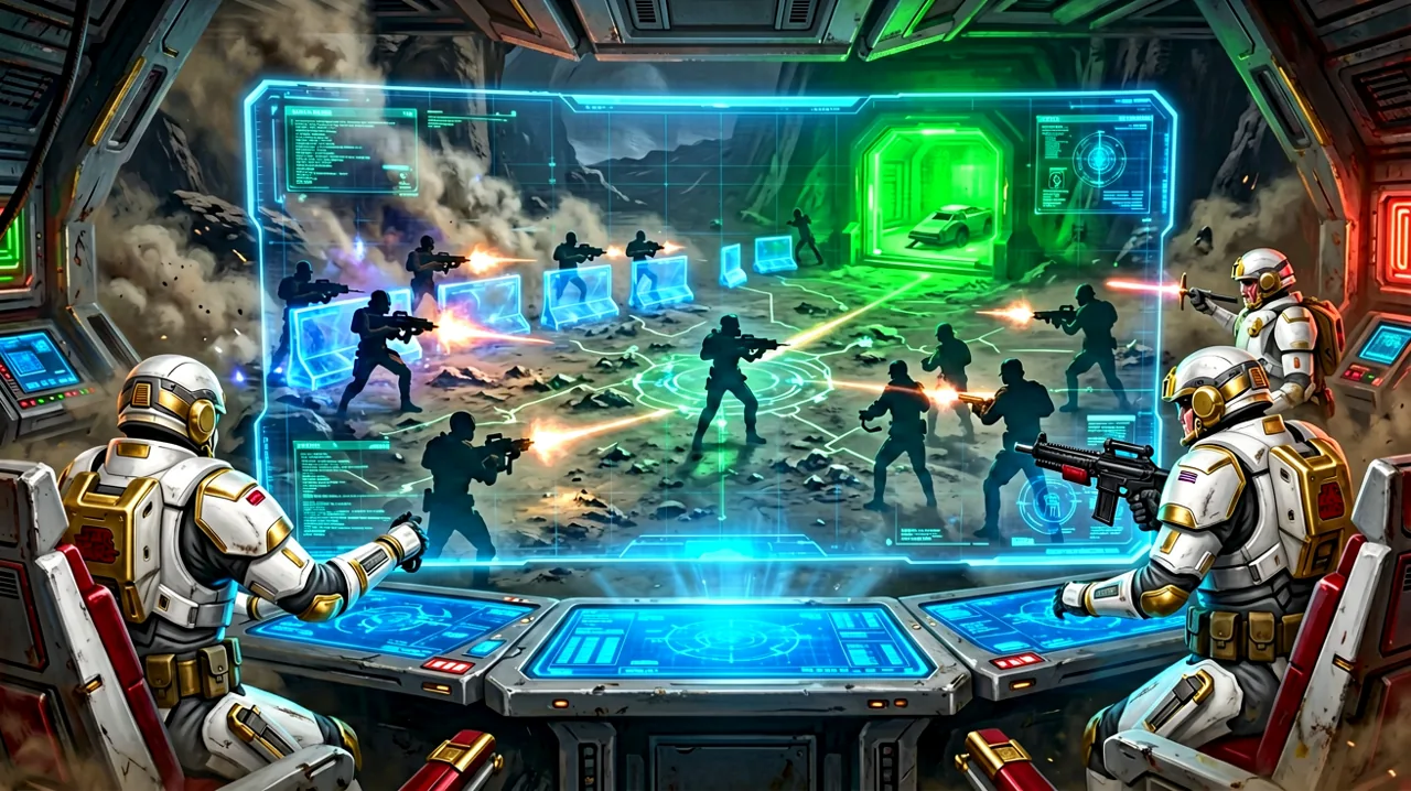 A glowing holographic tactical map showing a tense squad extraction scene during the Clone Wars.