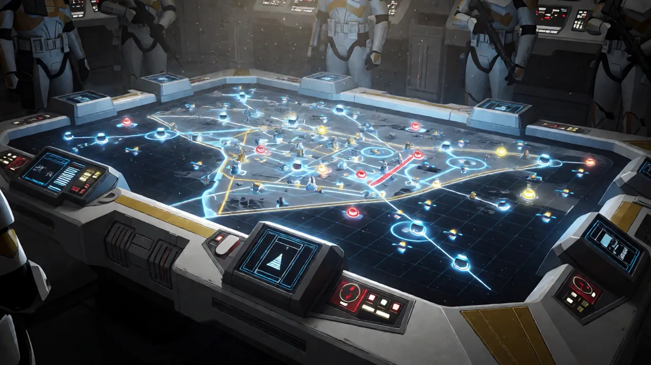 A sprawling holographic tactical map displaying Clone Wars planetary deployments and action point UI elements.