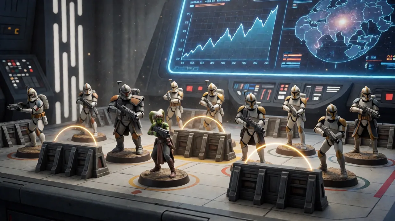 A meticulously crafted tabletop diorama featuring miniature mercenaries taking cover on a holographic grid.