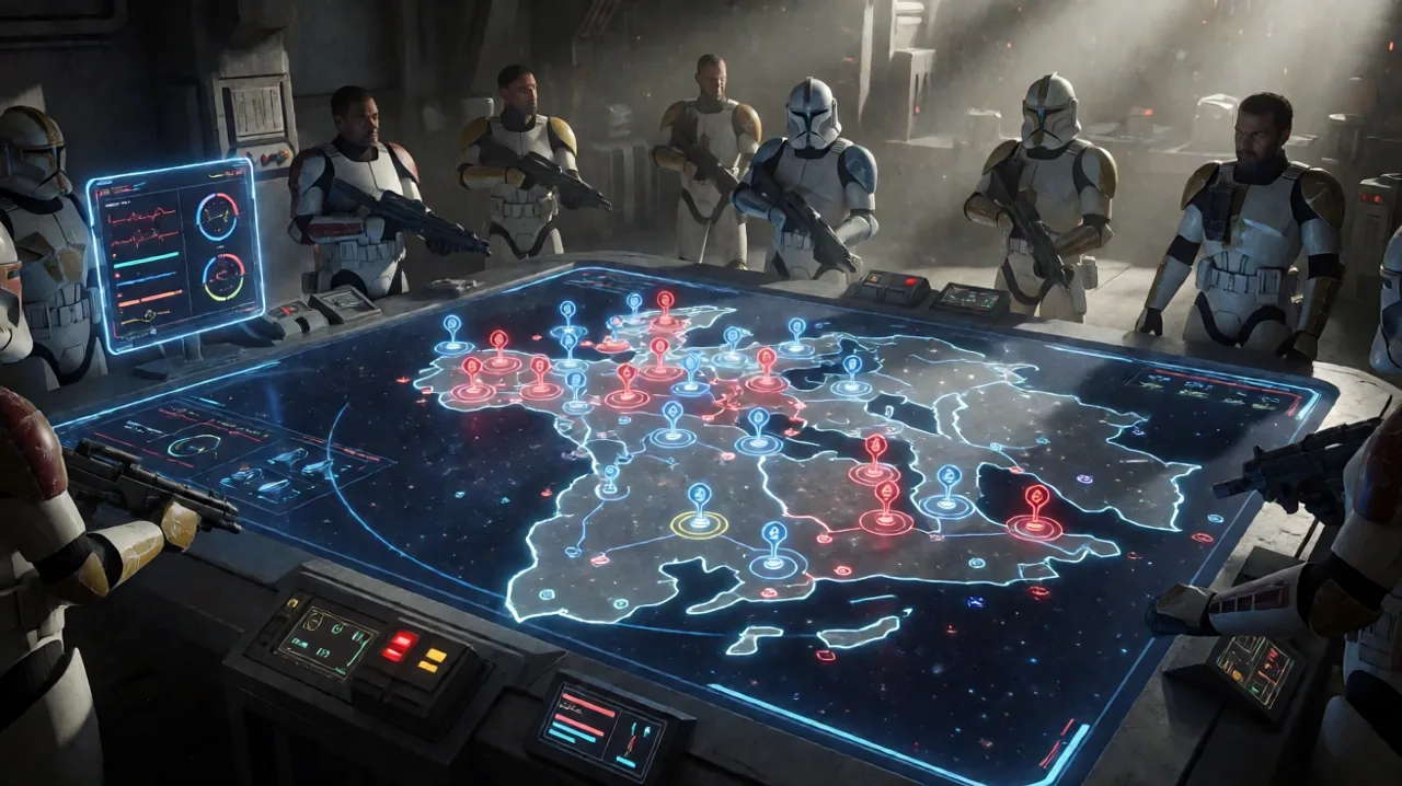 A holographic tactical display showing expanded planetary operations and squad vital signs in a darkened command center.