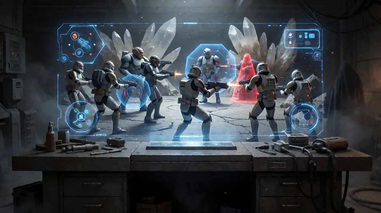 A holographic tactical display on a workbench inside a dimly lit mercenary base, projecting a battle against cloaked cultist figures.