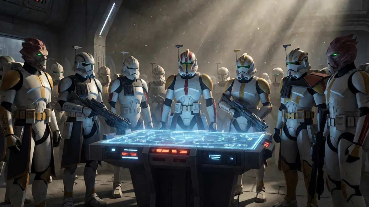 A group of diverse alien mercenaries gathered around a glowing holographic tactical map inside a command base.