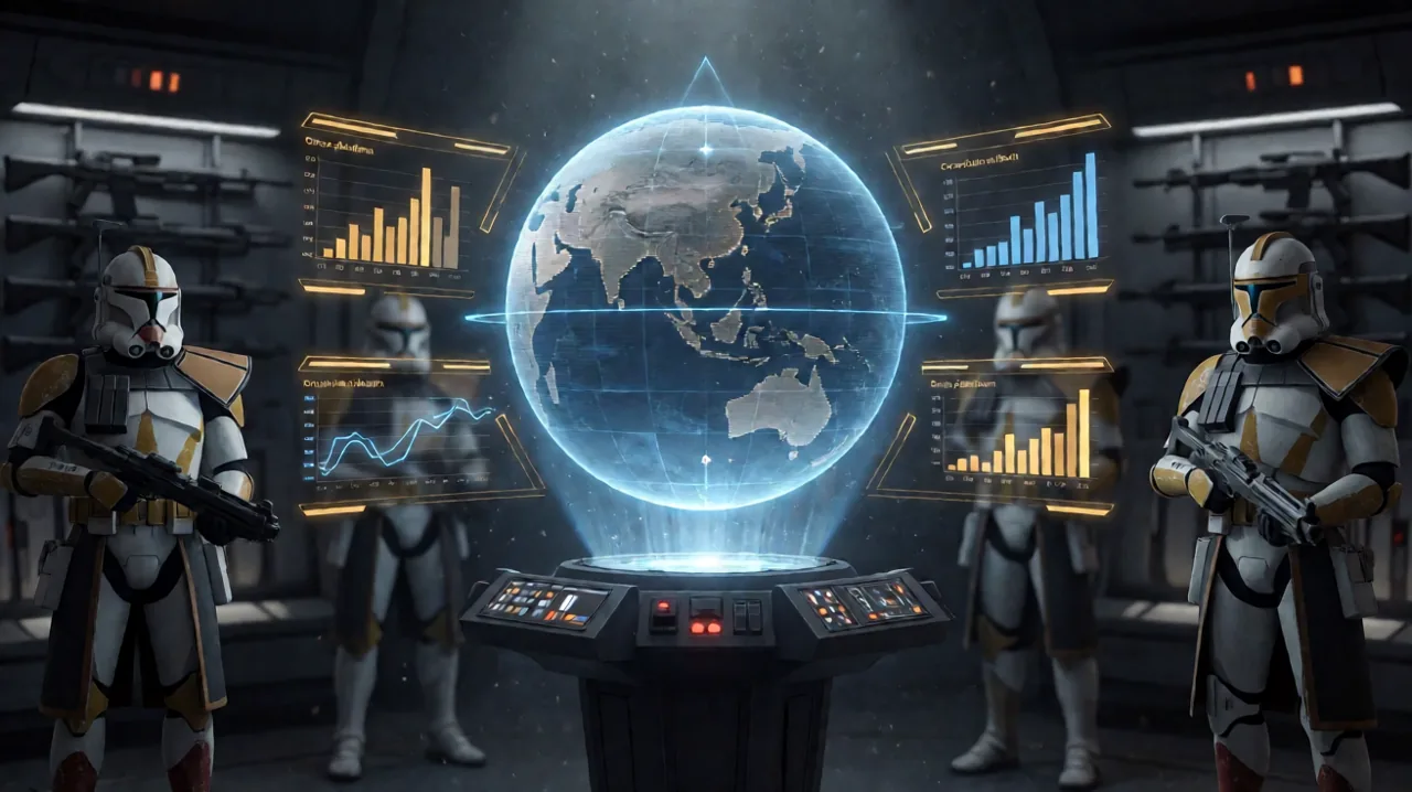 A glowing holographic planetary map displaying cross-platform battle statistics in a dark tactical command center.