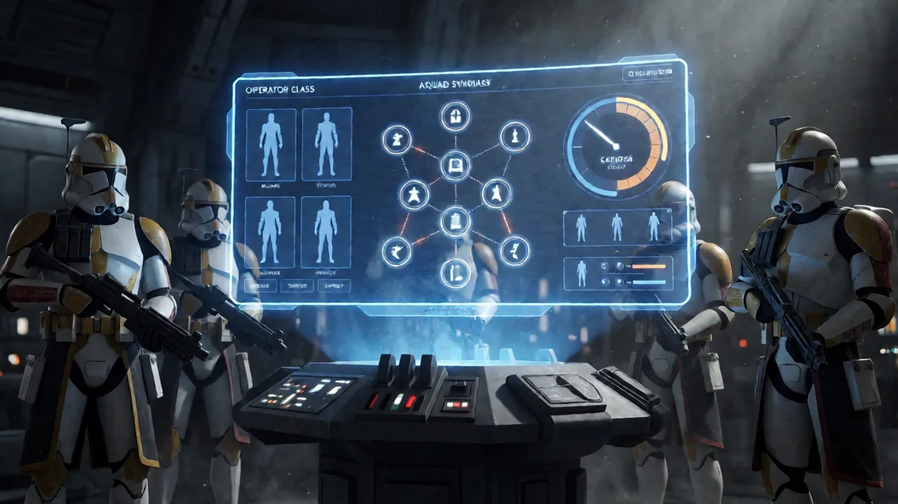 Holographic display showing squad achievements, an operator roster, and tactical progression data in the Den.
