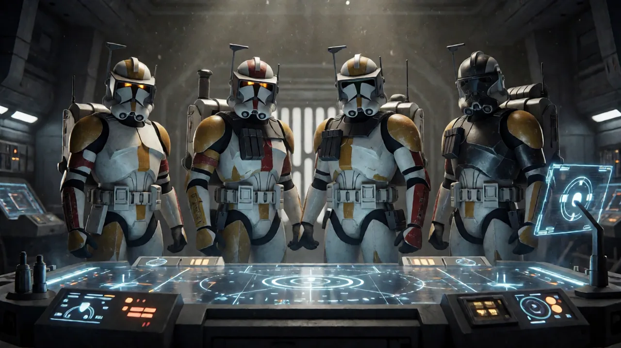 Four heavily armored clone operatives standing shoulder-to-shoulder in a dimly lit tactical armory with holographic strategy maps in the background.
