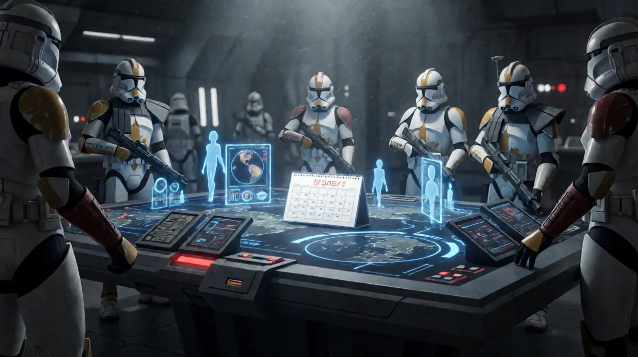 A holographic calendar counting down thirty cycles on a tactical table in a dimly lit Republic-era command center.