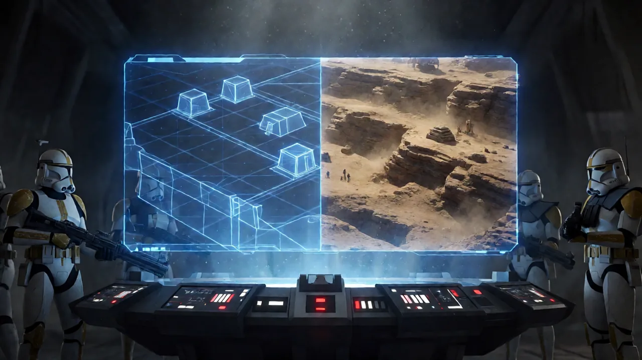 A side-by-side holographic blueprint showing a wireframe tactical map transitioning into a fully detailed sci-fi battlefield.