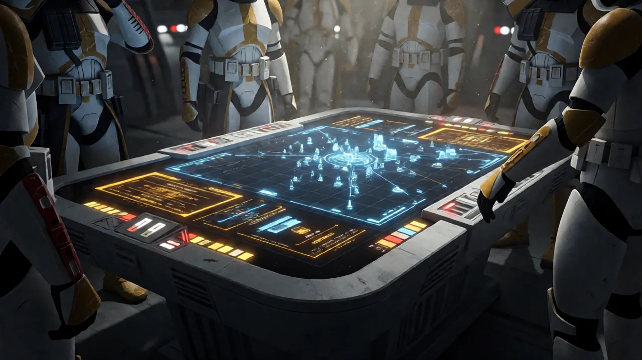 A holographic tactical display showing downloading data streams and a planetary map, styled in a gritty sci-fi aesthetic.