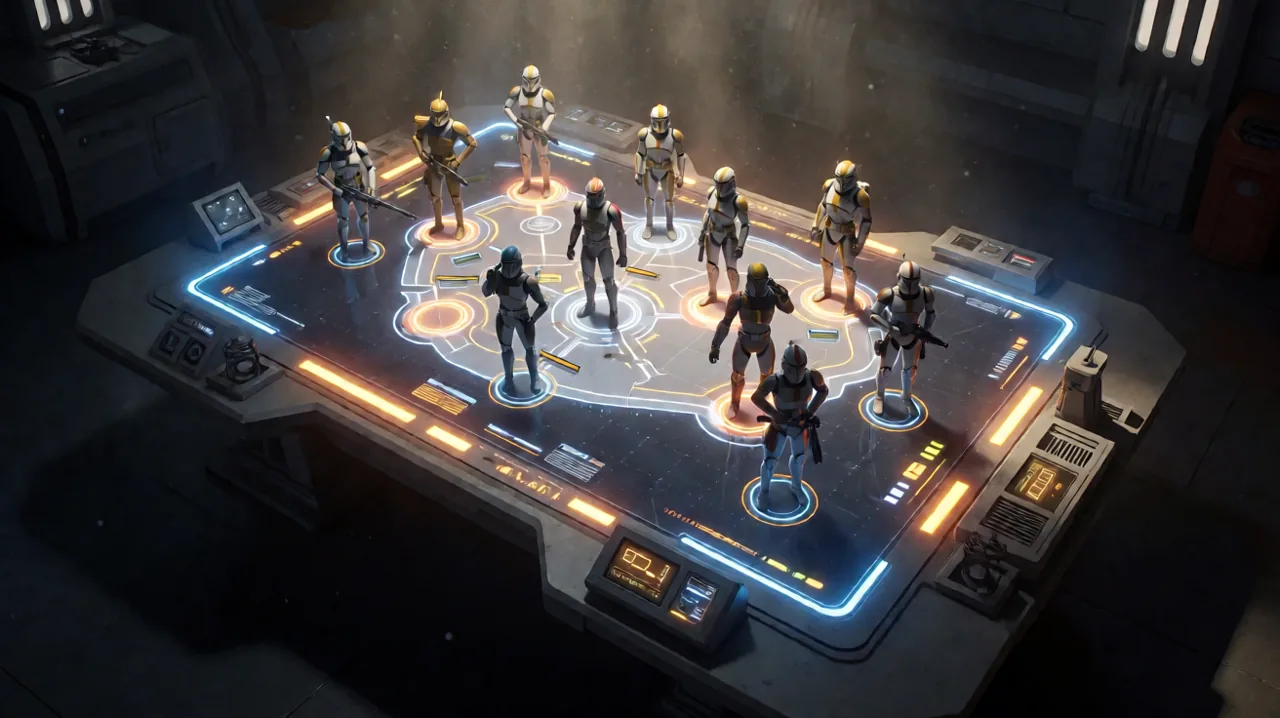 A tactical holomap displaying an active combat zone with action point nodes and operative unit silhouettes.