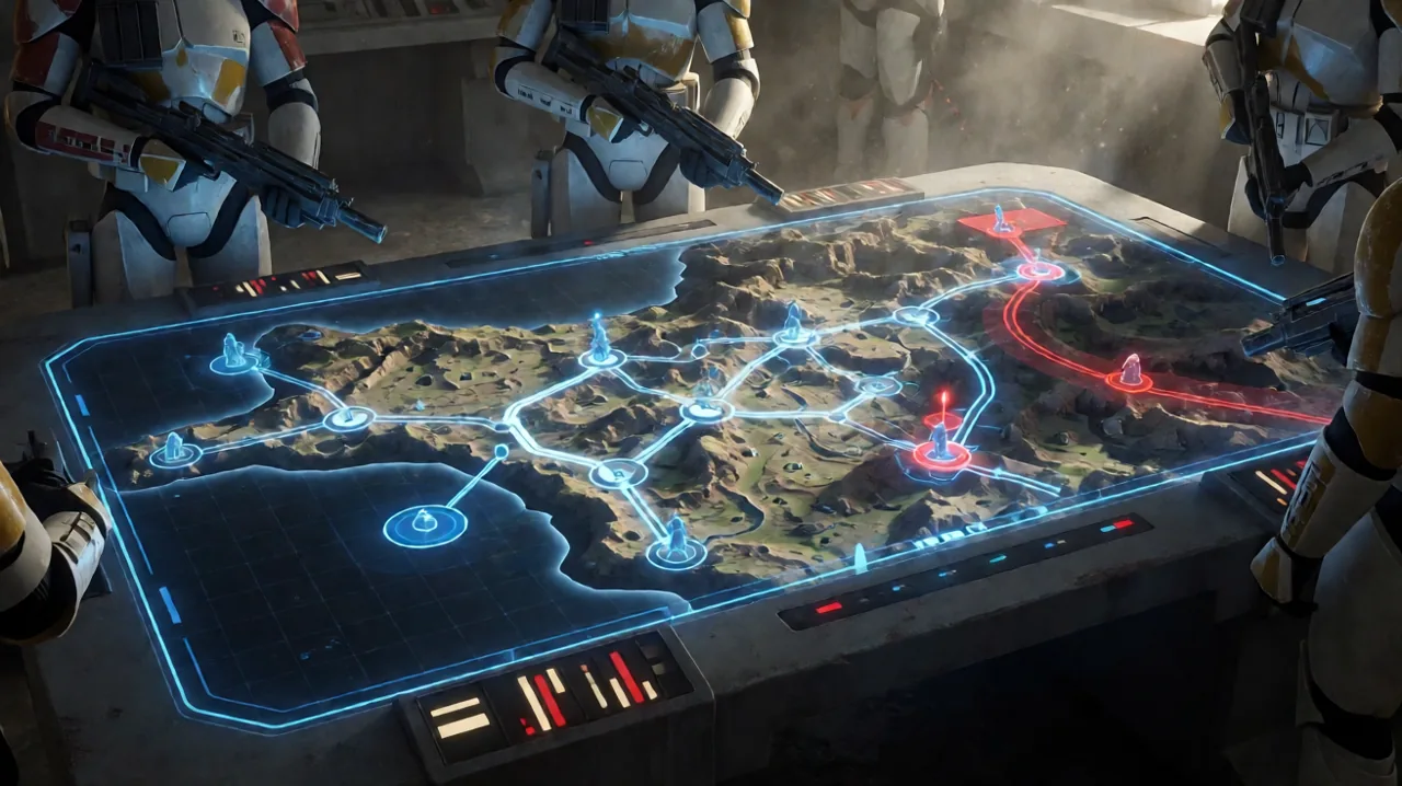 A tactical holomap displaying an underground combat encounter with energy barriers and squad position markers.