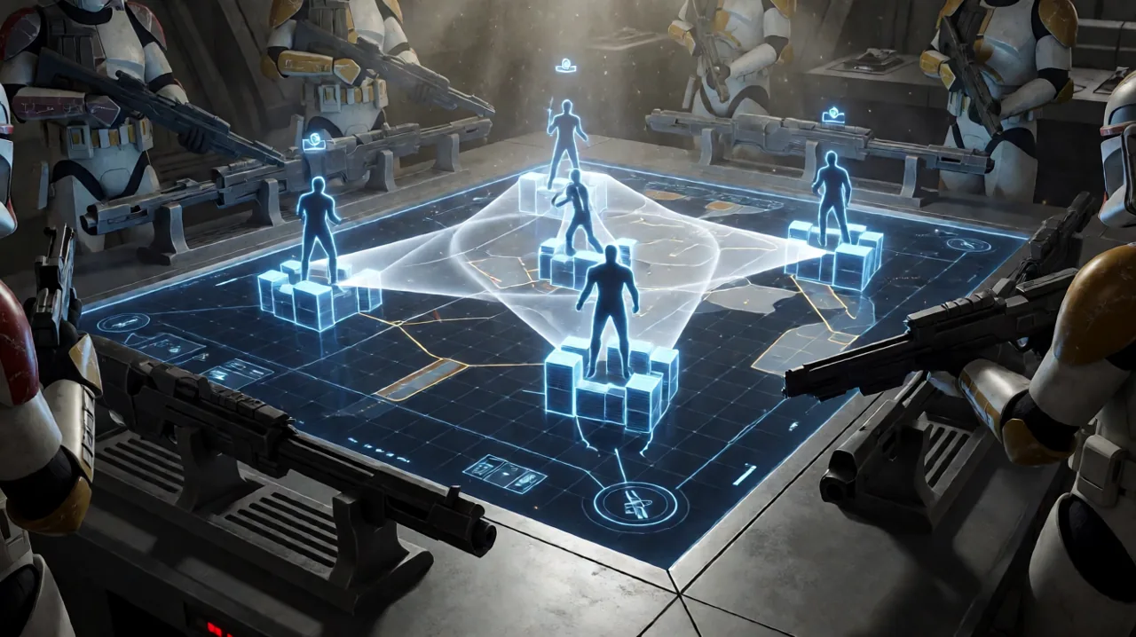Holographic tactical map displaying squad deployment lines next to data charts in a gritty sci-fi command center