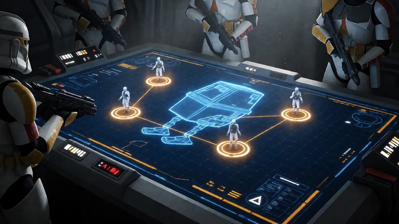 Holographic tactical map displaying a GONK droid and squad markers in a sci-fi command center
