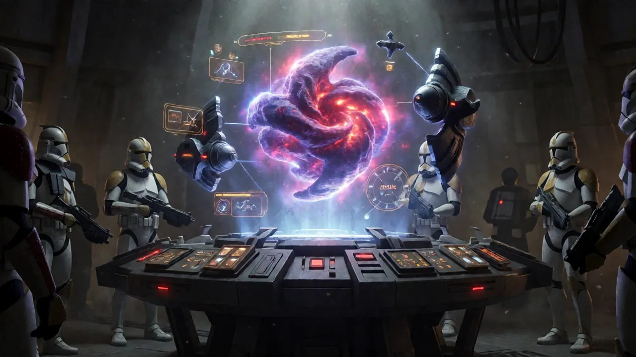 A holographic war table in a dark tactical base displaying a swirling, corrupted biological anomaly.