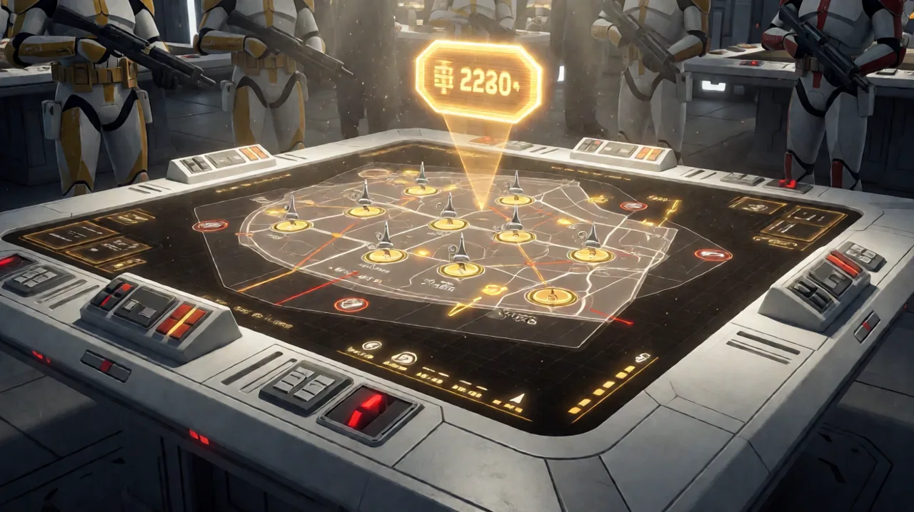 A holographic tactical map spread across a sci-fi war table showing cover points and unit positions.
