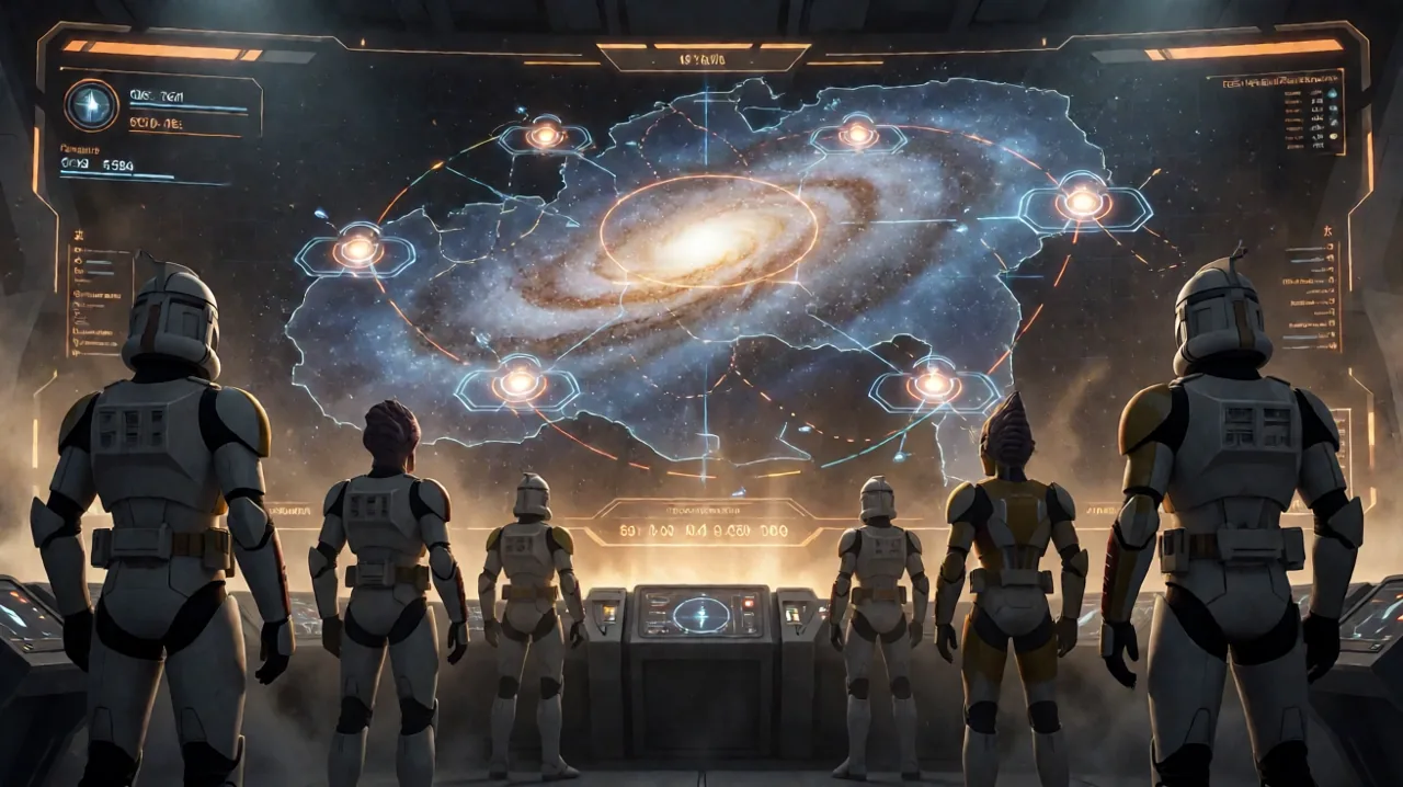 A tactical holographic interface inside a sci-fi command base, displaying glowing data nodes, resource counters, and a roster of diverse operatives in silhouette.