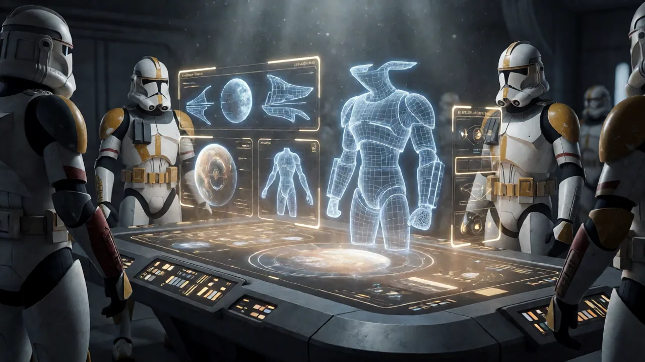 Holographic projection of development blueprints and a tactical sci-fi command center.