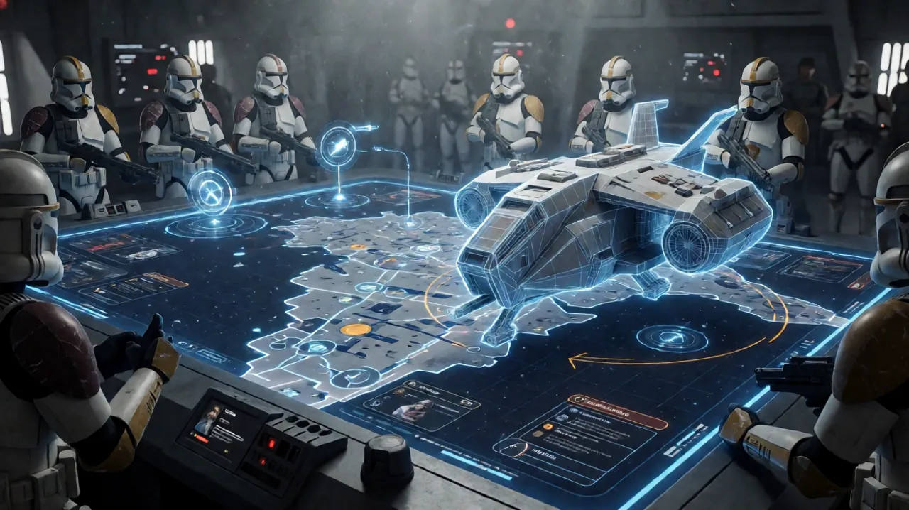 A holographic tactical display showing a wireframe ship model and action point interface.