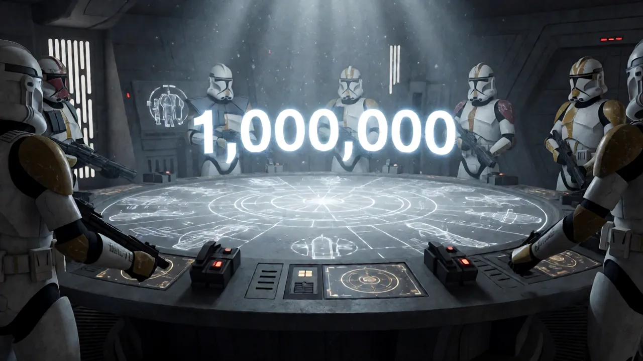 Holographic projection of the number one million glowing above a strategic command table in the Den.