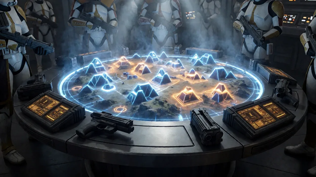 A glowing holographic tactical battle table displaying geometric cover barriers and overwatch firing corridors in a dim starship war room.
