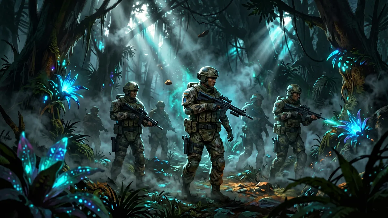 A Zero Company squad moving through dense alien jungle