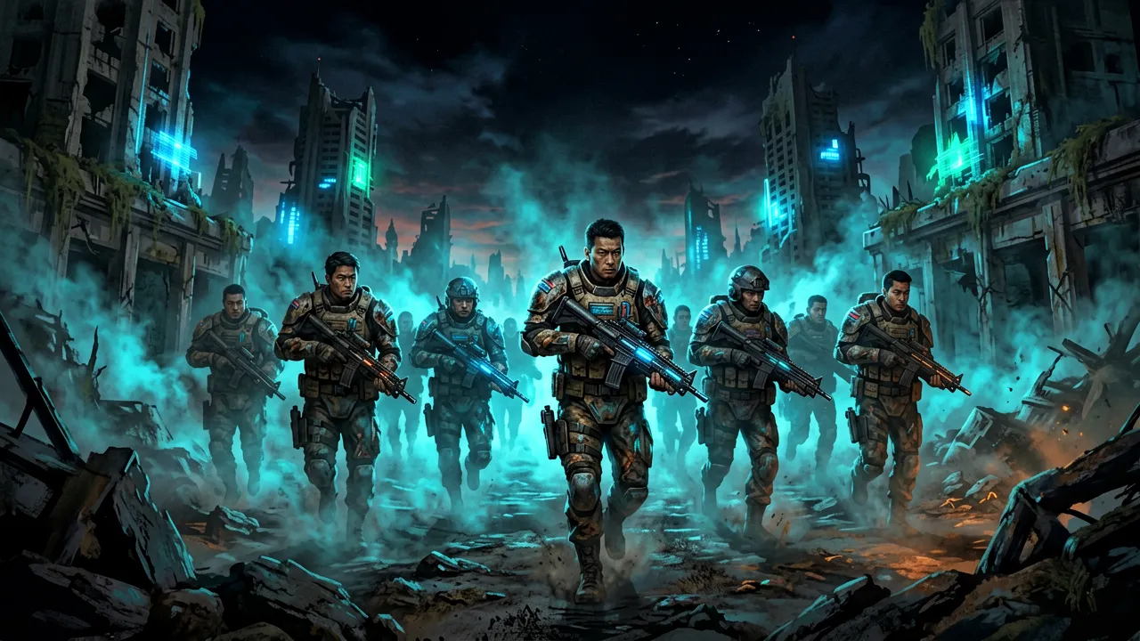 A Zero Company squad fighting through a war-torn cityscape