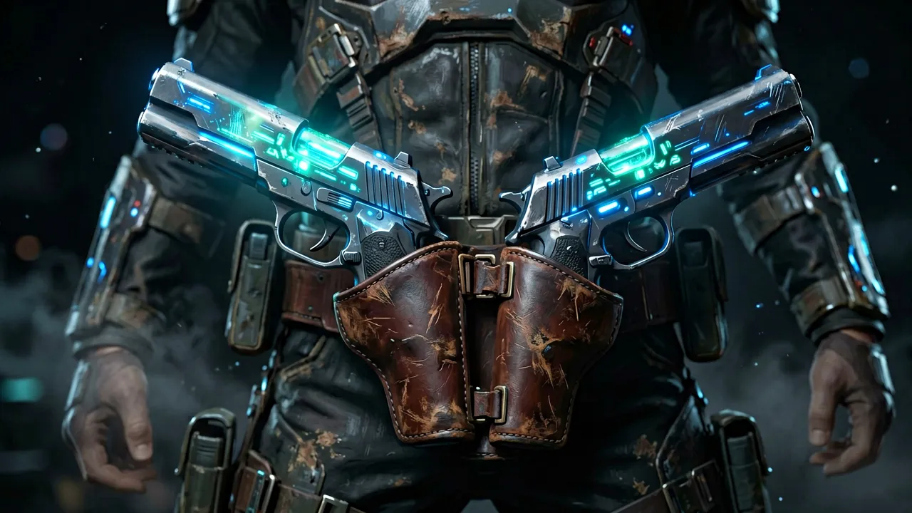 A pair of blaster pistols on a worn holster belt