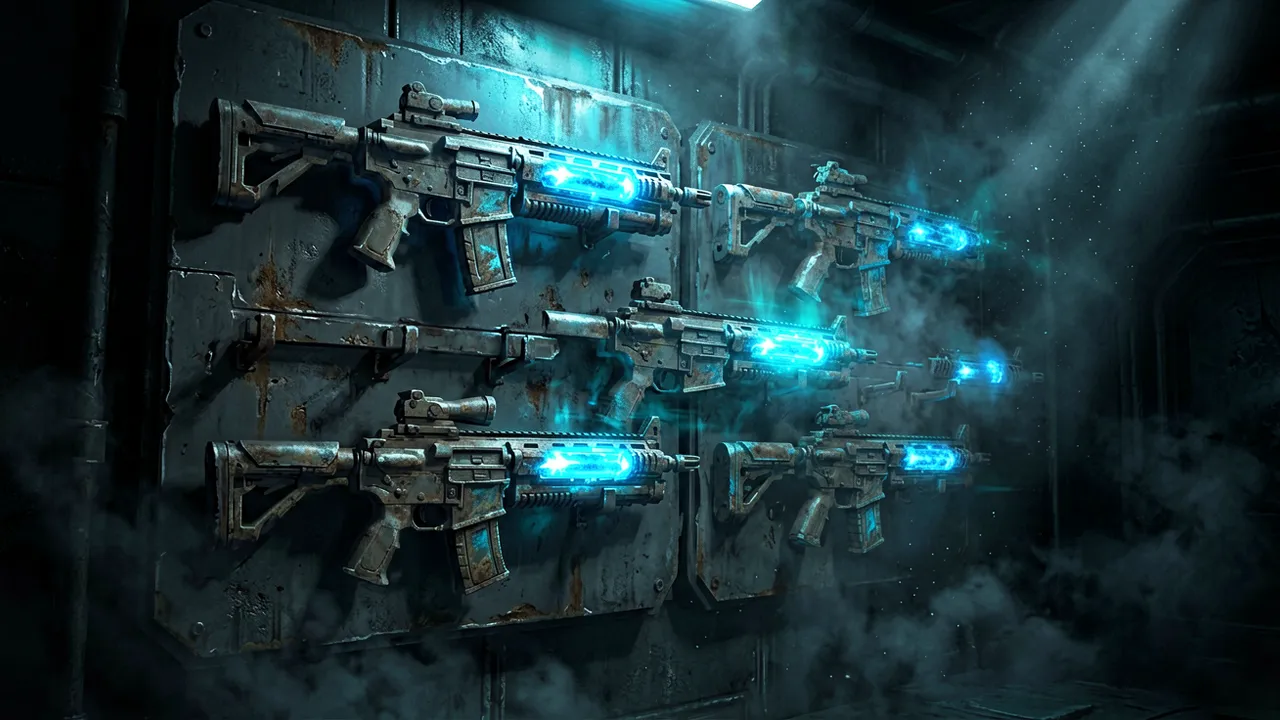 A rack of blaster rifles in the Zero Company armory