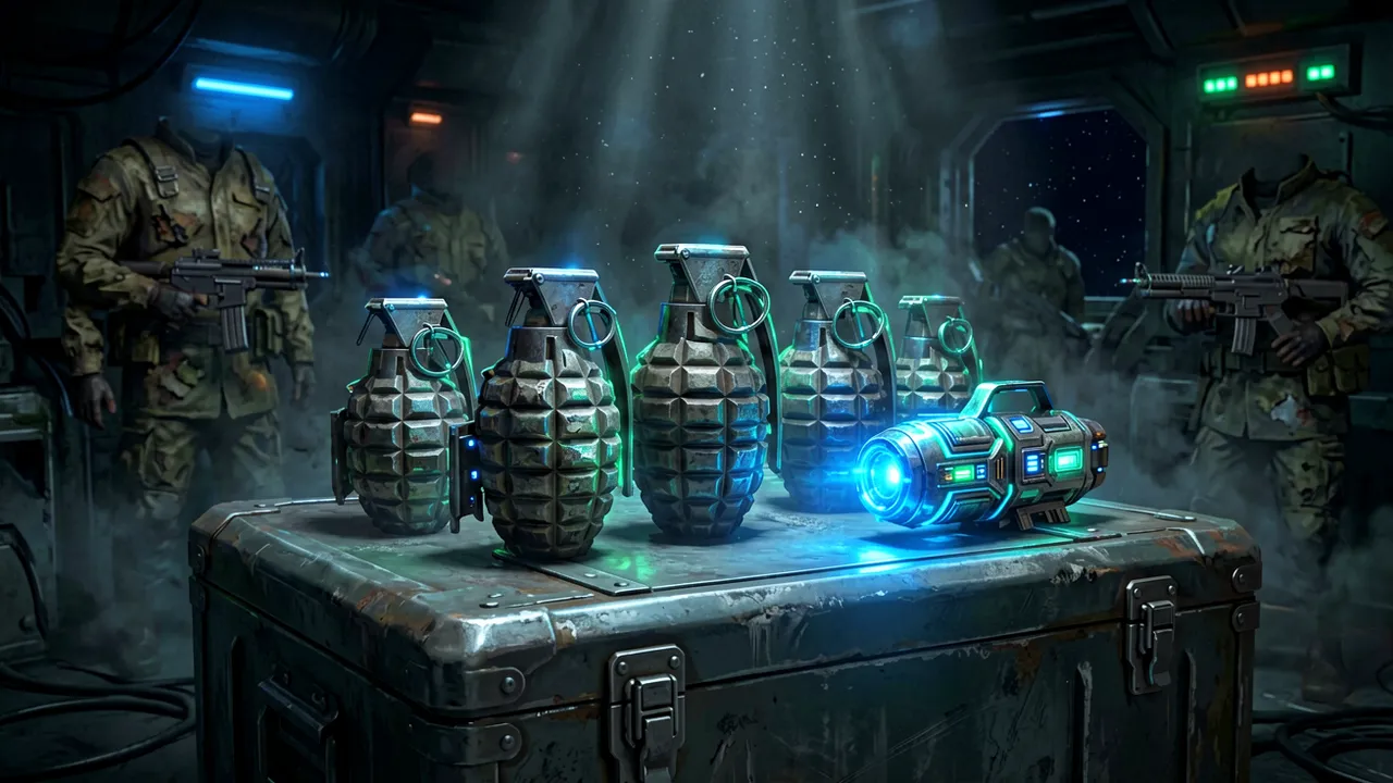 A thermal detonator and grenades laid out on a crate