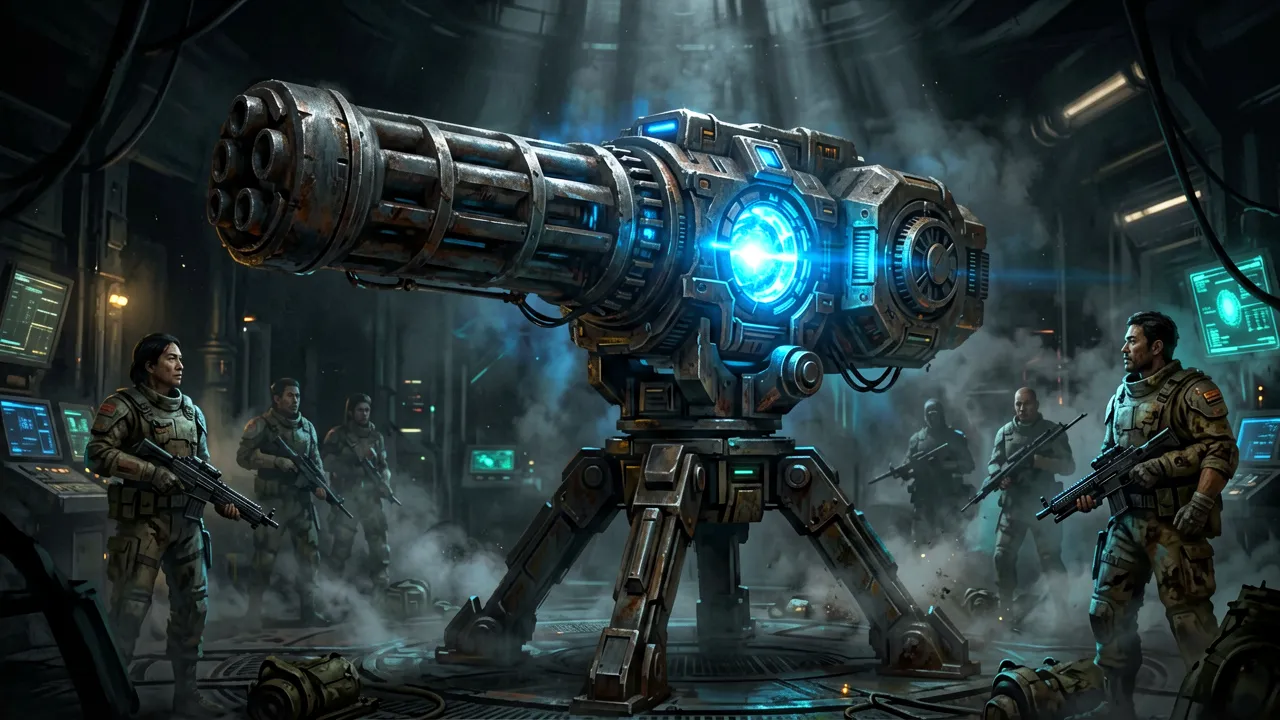 A heavy repeating blaster braced on a tripod