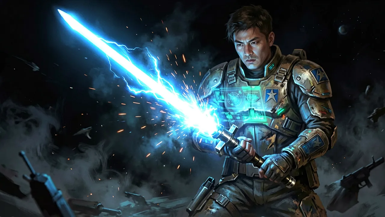 A glowing blue lightsaber igniting in the dark