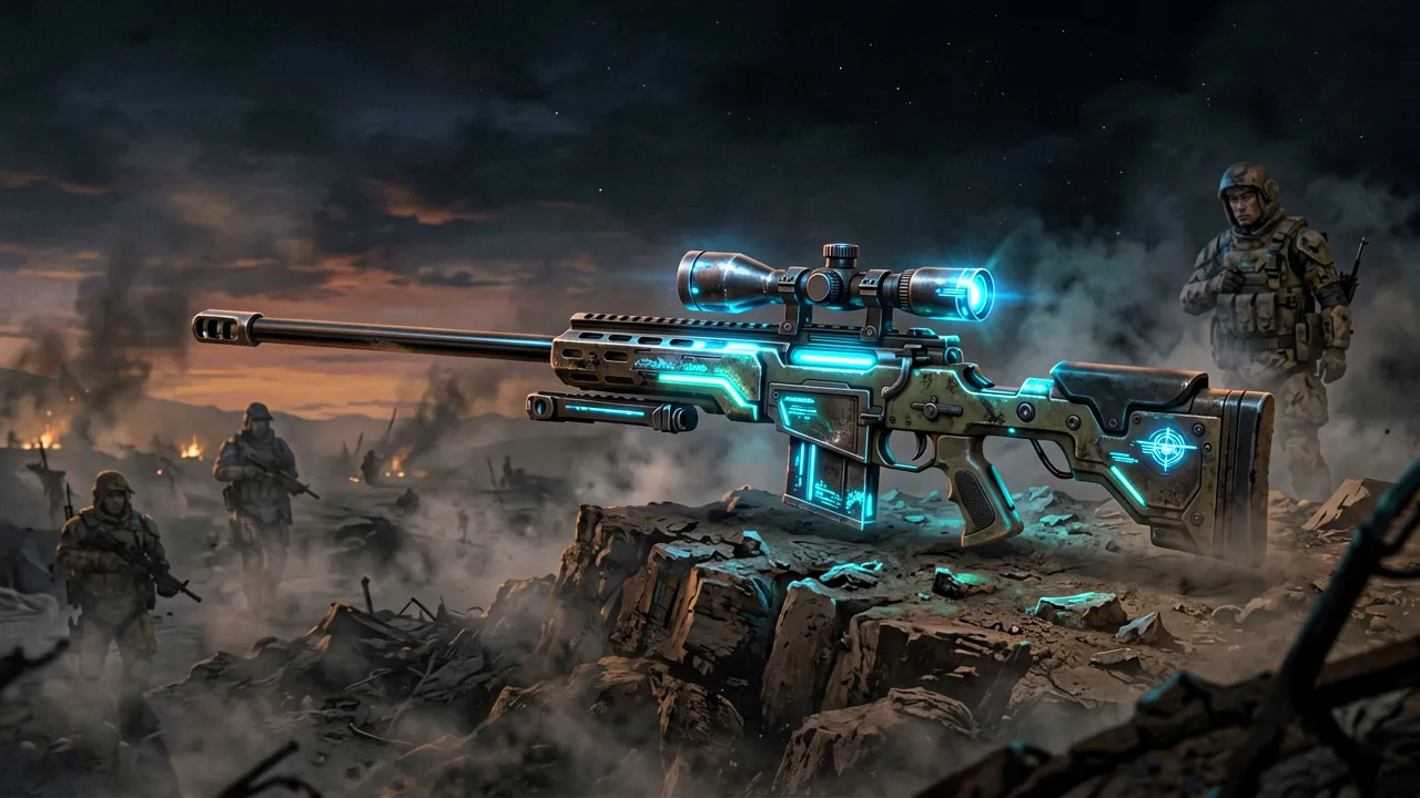 A long scoped sniper rifle on a battlefield ridge